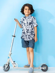 White & Navy Floral Printed Short Sleeve Casual Shirt