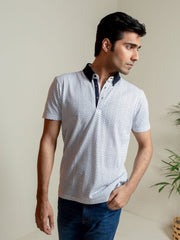 White Printed Polo Shirt With Contrasting Collar