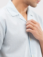 White & Blue Striped Seersucker Cuban Shirt