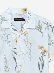 White Floral Printed Cuban Collar Shirt