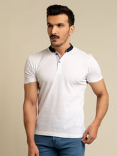 White Mao Collar Polo Shirt With Contrasting Collar