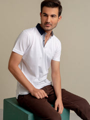 White Pique Polo With Navy Blue Collar