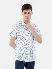 White & Black Printed Half Sleeve Cuban Collar Shirt