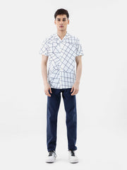 White & Black Printed Half Sleeve Cuban Collar Shirt