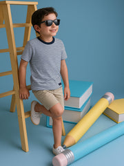 White & Blue Striped Casual Tee With Contrasting Crew Neck