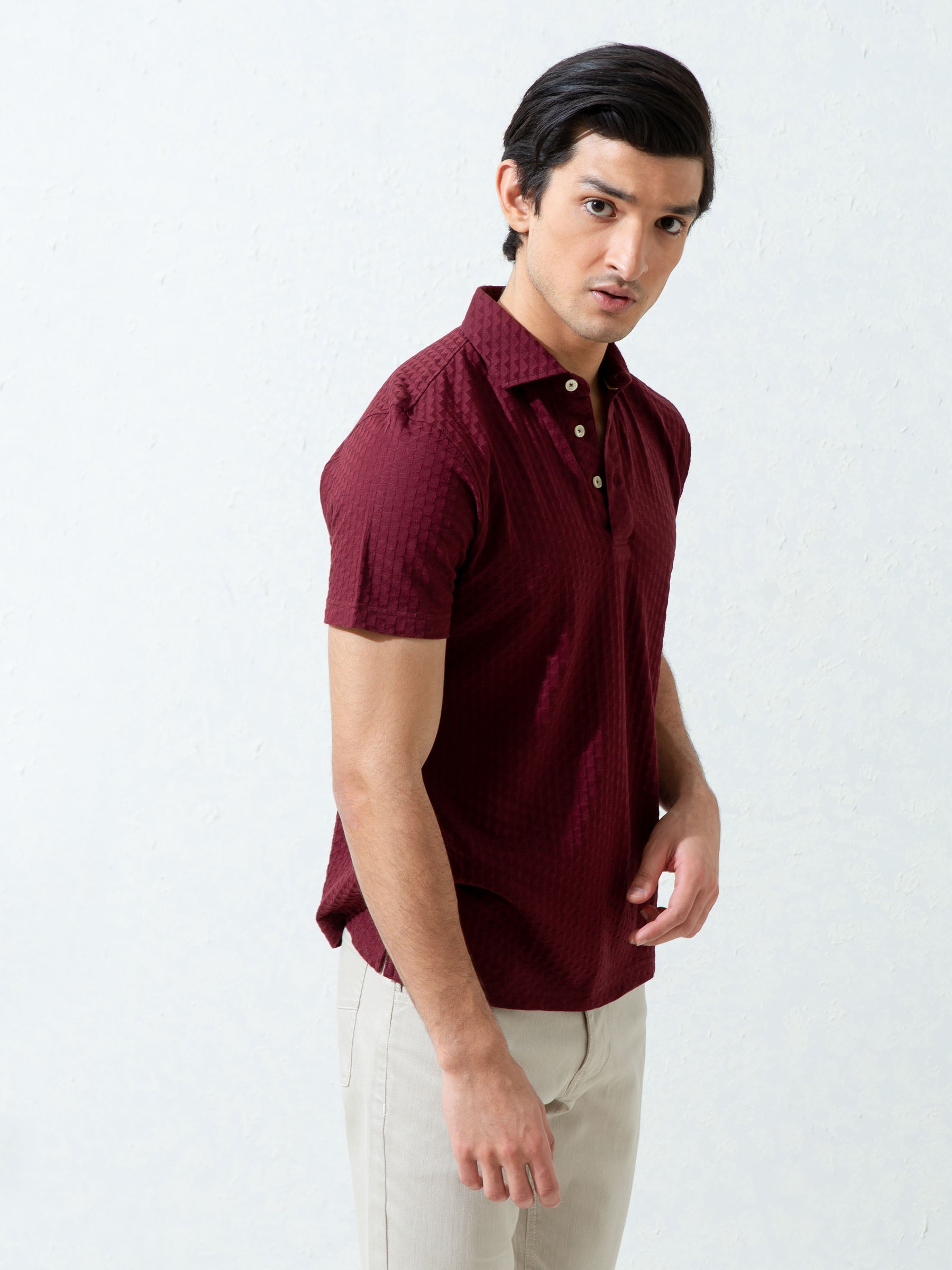 Maroon Textured Polo With Classic Collar