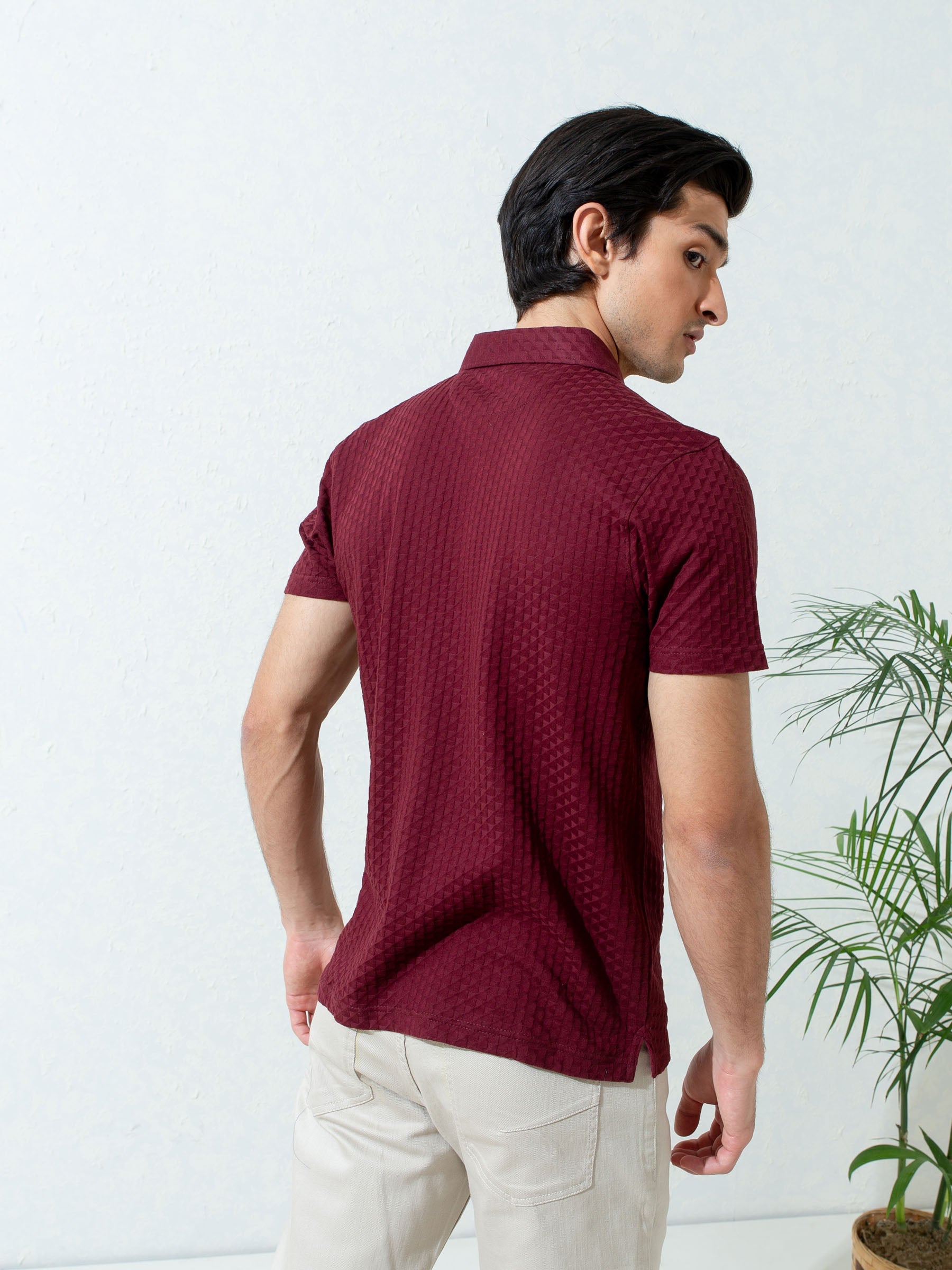 Maroon Textured Polo With Classic Collar