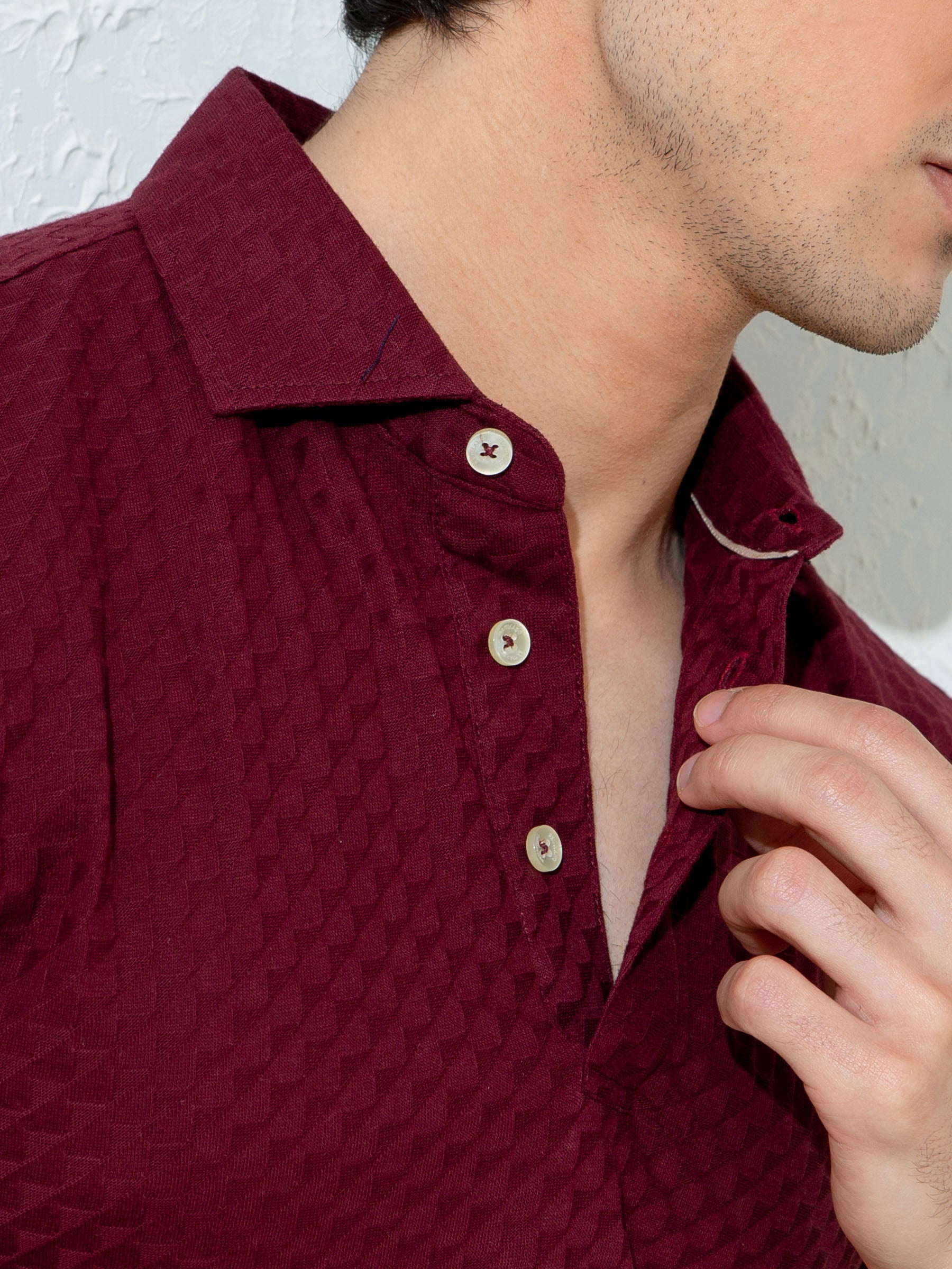 Maroon Textured Polo With Classic Collar