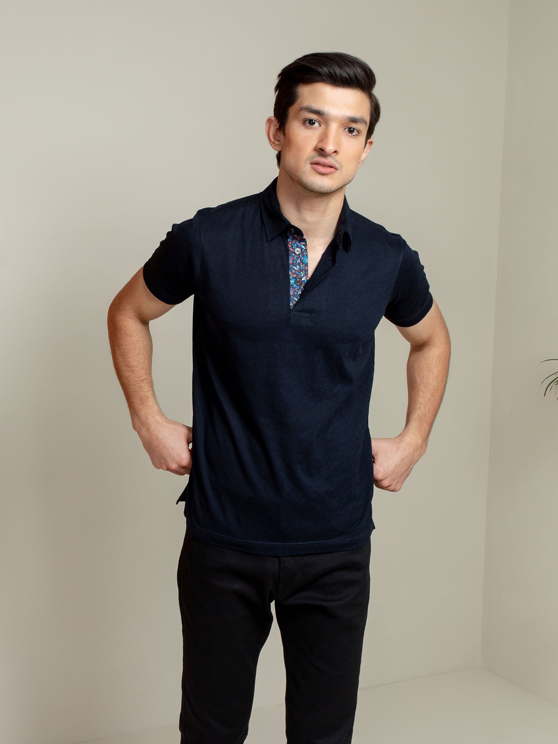 Navy Blue Jacquard Polo Shirt With Floral Detailing