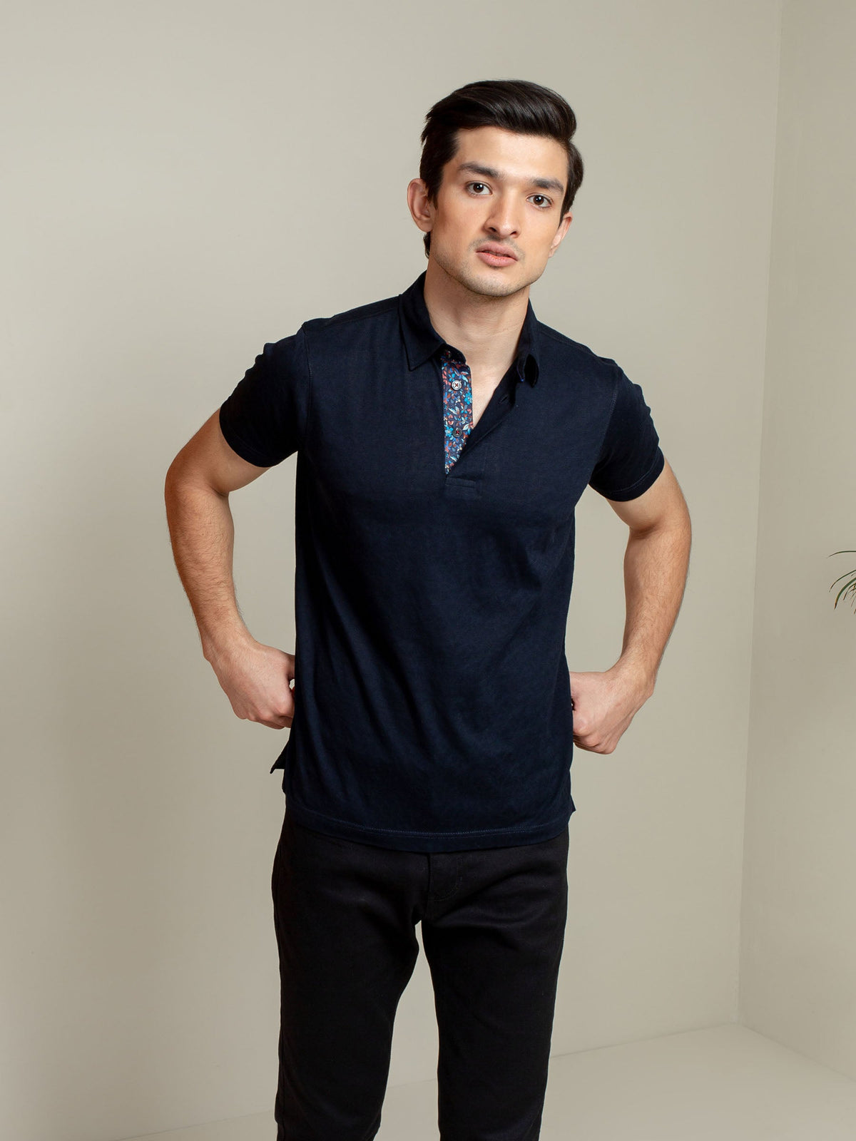 Navy Blue Jacquard Polo Shirt With Floral Detailing