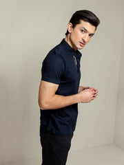 Navy Blue Jacquard Polo Shirt With Floral Detailing