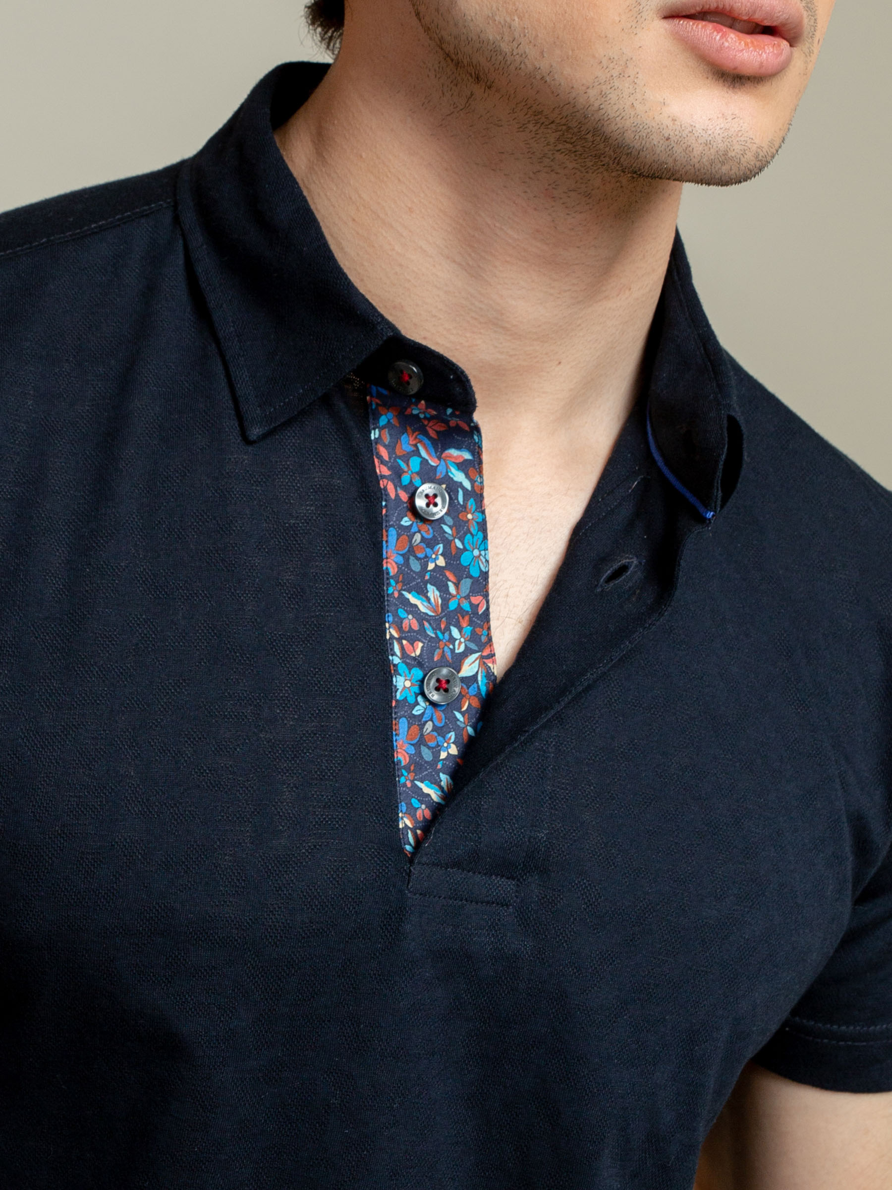 Navy Blue Jacquard Polo Shirt With Floral Detailing