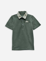 Olive Green Casual Polo With Printed Collar