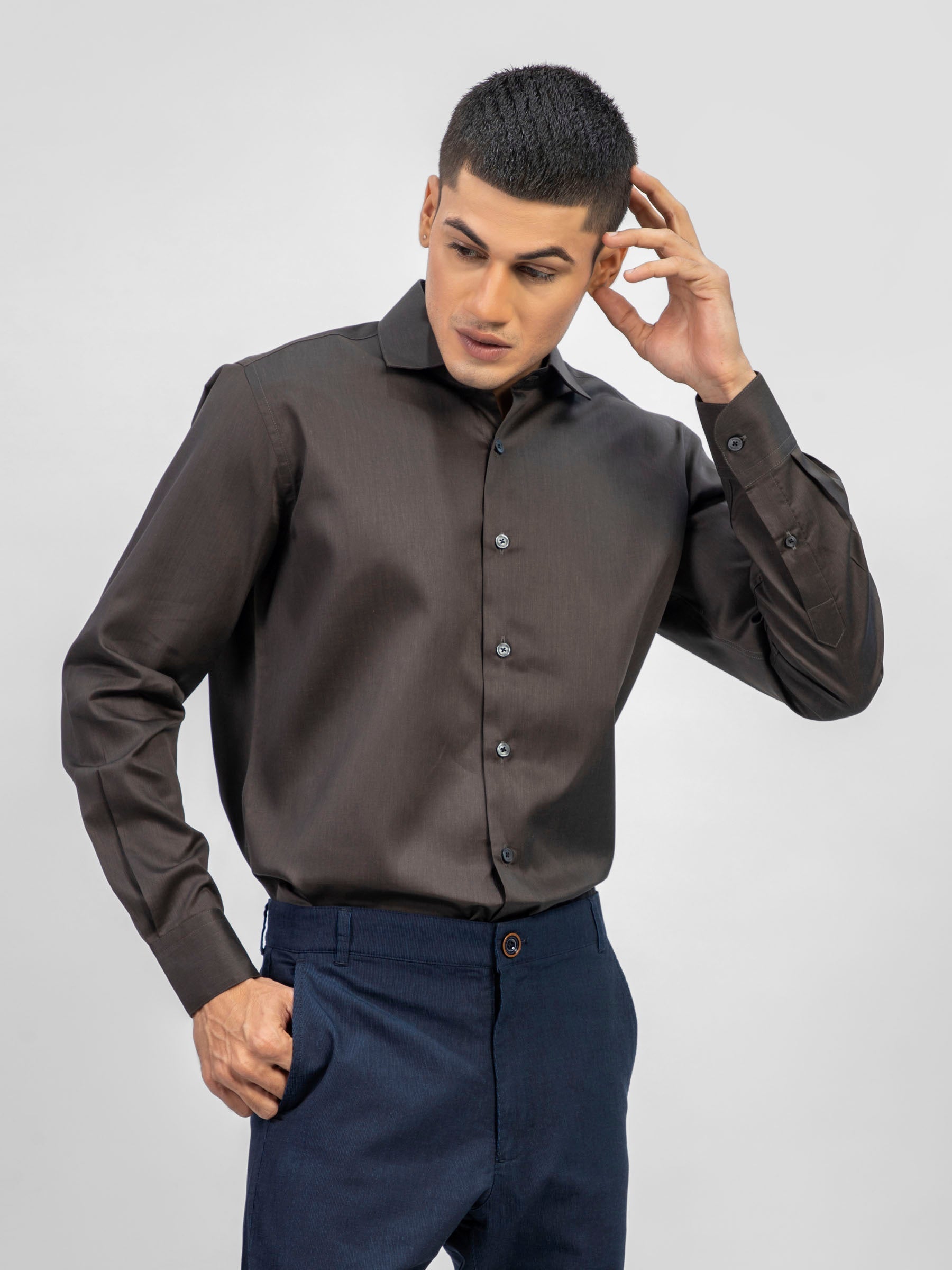 Classic Dark Brown Satin Formal Shirt