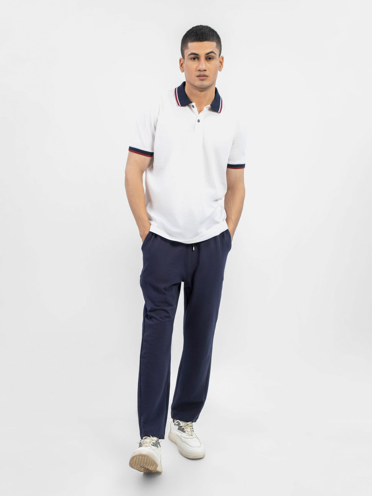 White Pique Polo With Contrasting Navy Collar