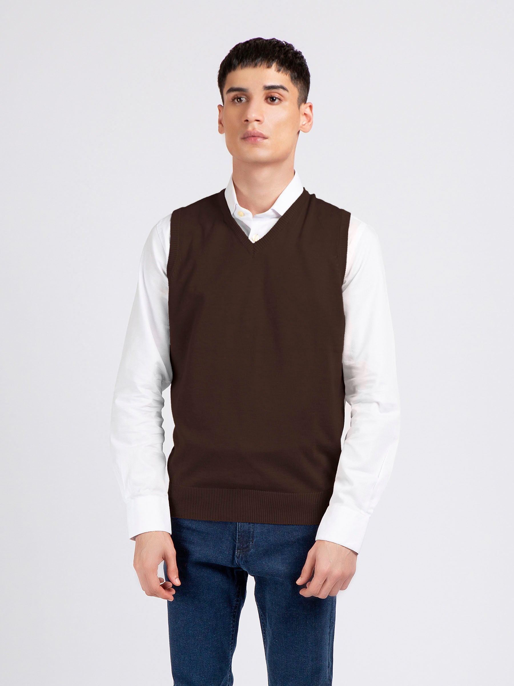 Dark Brown Wool Blended Sleeveless Sweater