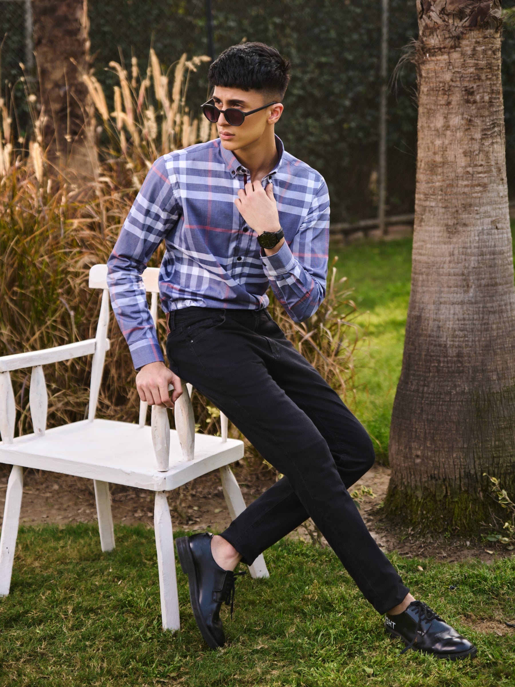 Grey Large Windowpane Checkered Shirt