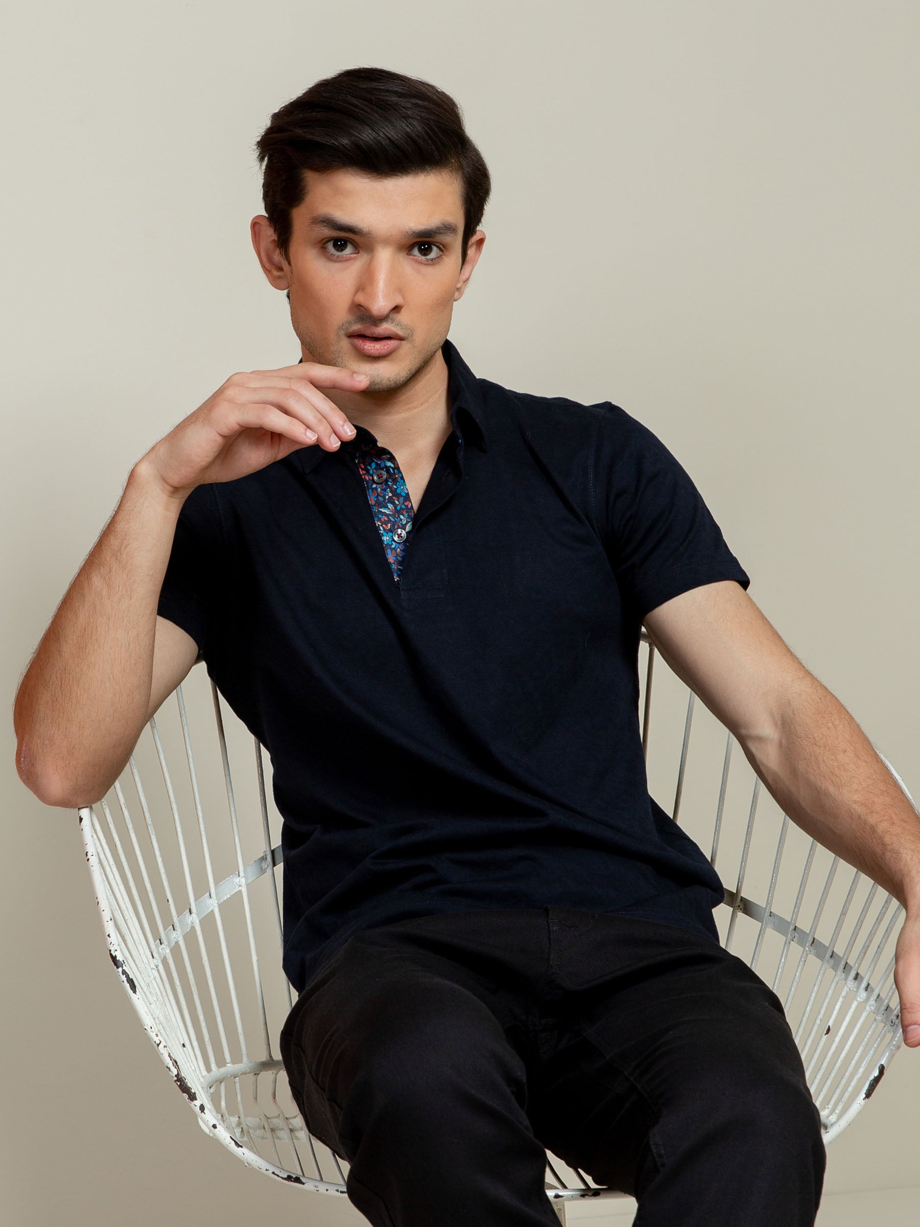 Navy Blue Jacquard Polo Shirt With Floral Detailing