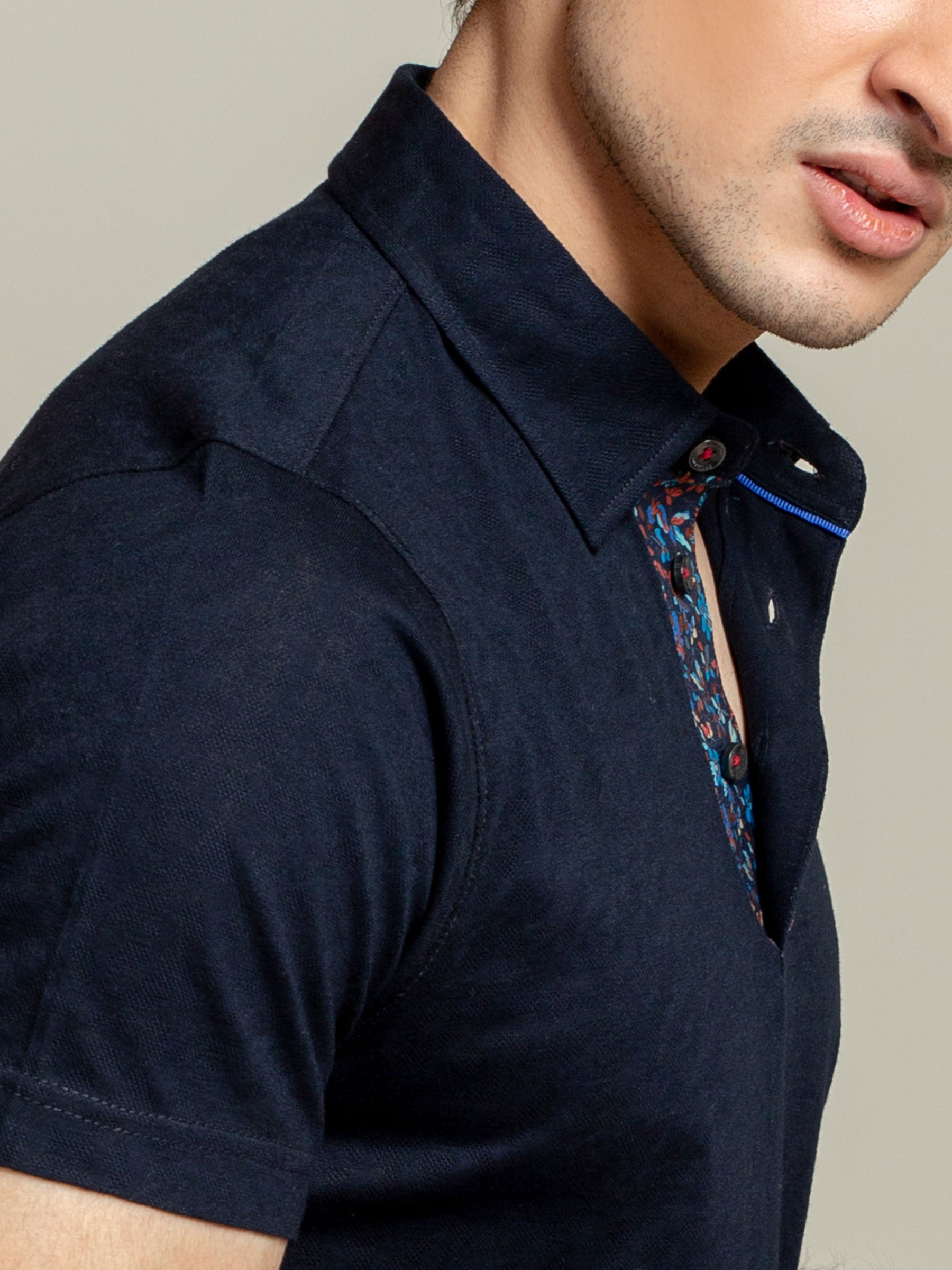 Navy Blue Jacquard Polo Shirt With Floral Detailing