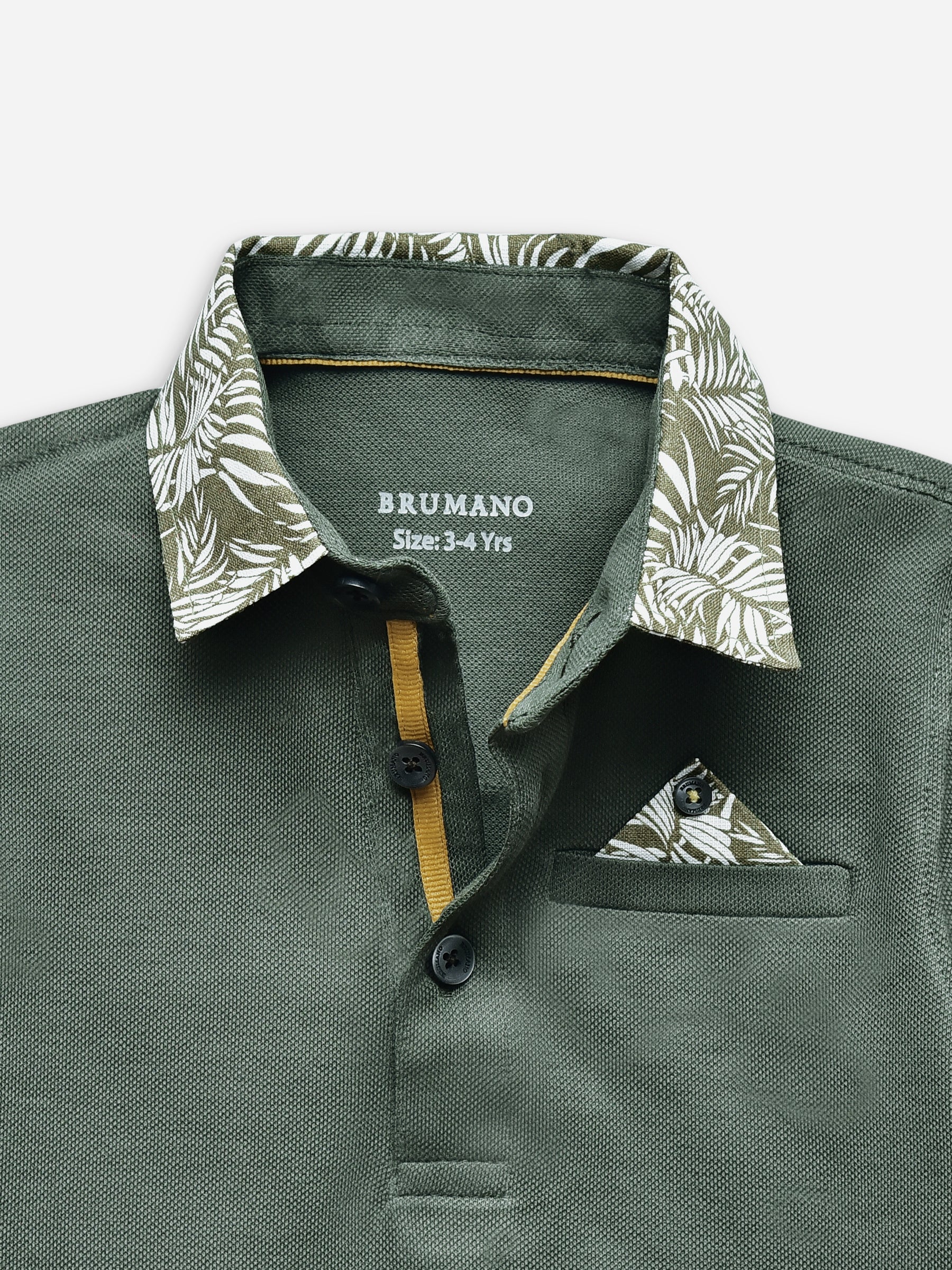 Olive Green Casual Polo With Printed Collar