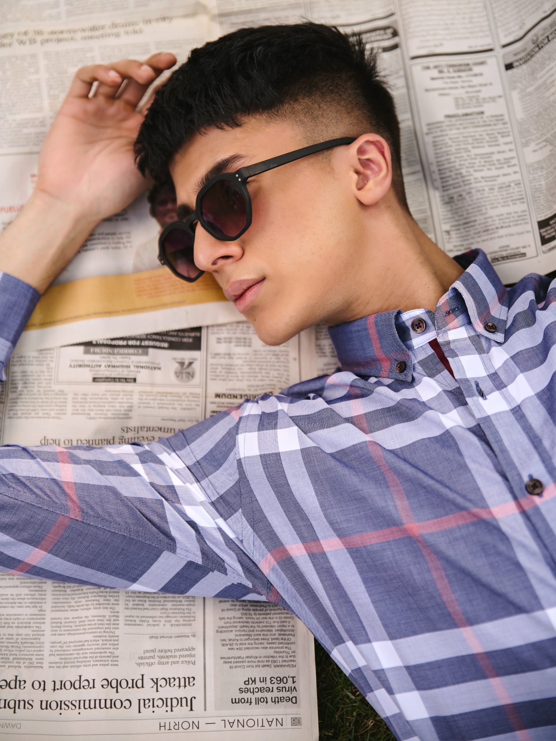 Grey Large Windowpane Checkered Shirt