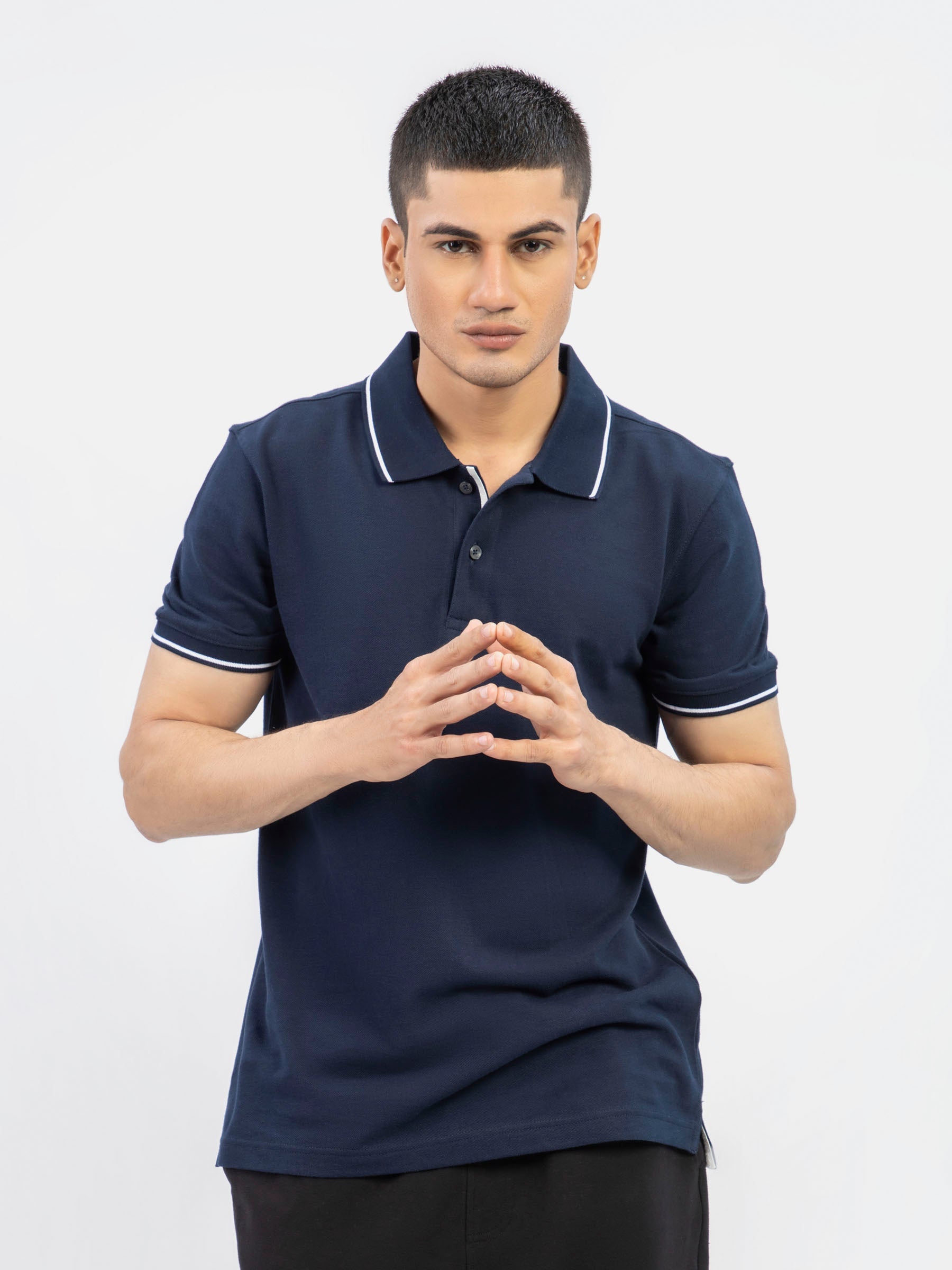 Navy Blue Pique Polo With White Tipped Collar