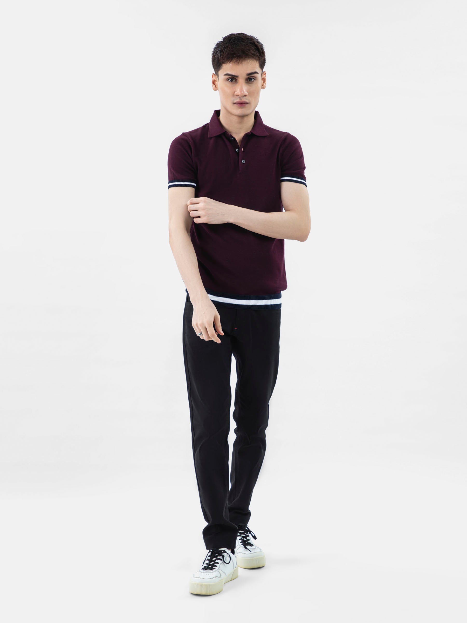 Burgundy Flat Knit Polo With Contrasting Rib