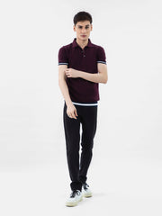 Burgundy Flat Knit Polo With Contrasting Rib