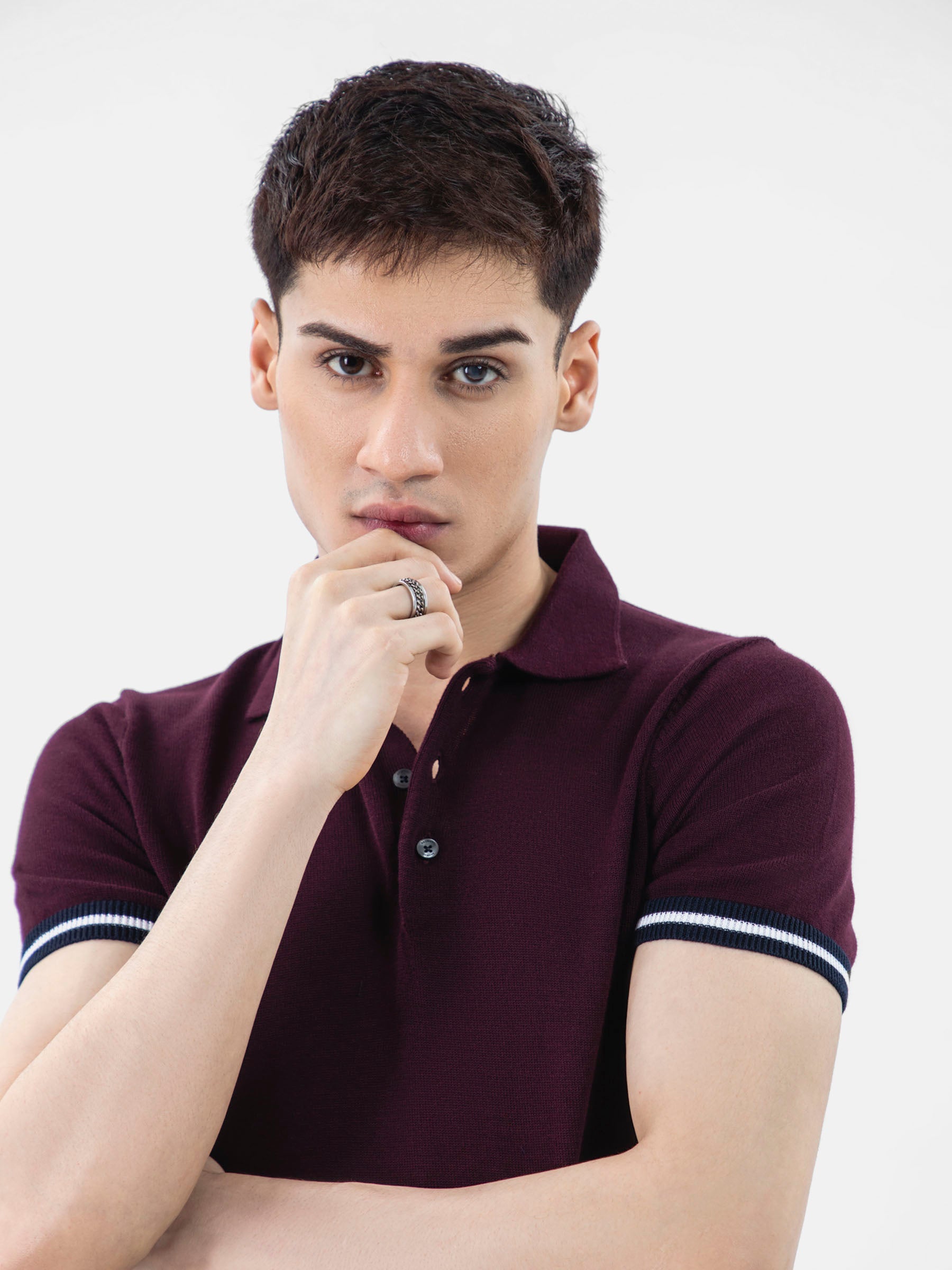 Burgundy Flat Knit Polo With Contrasting Rib