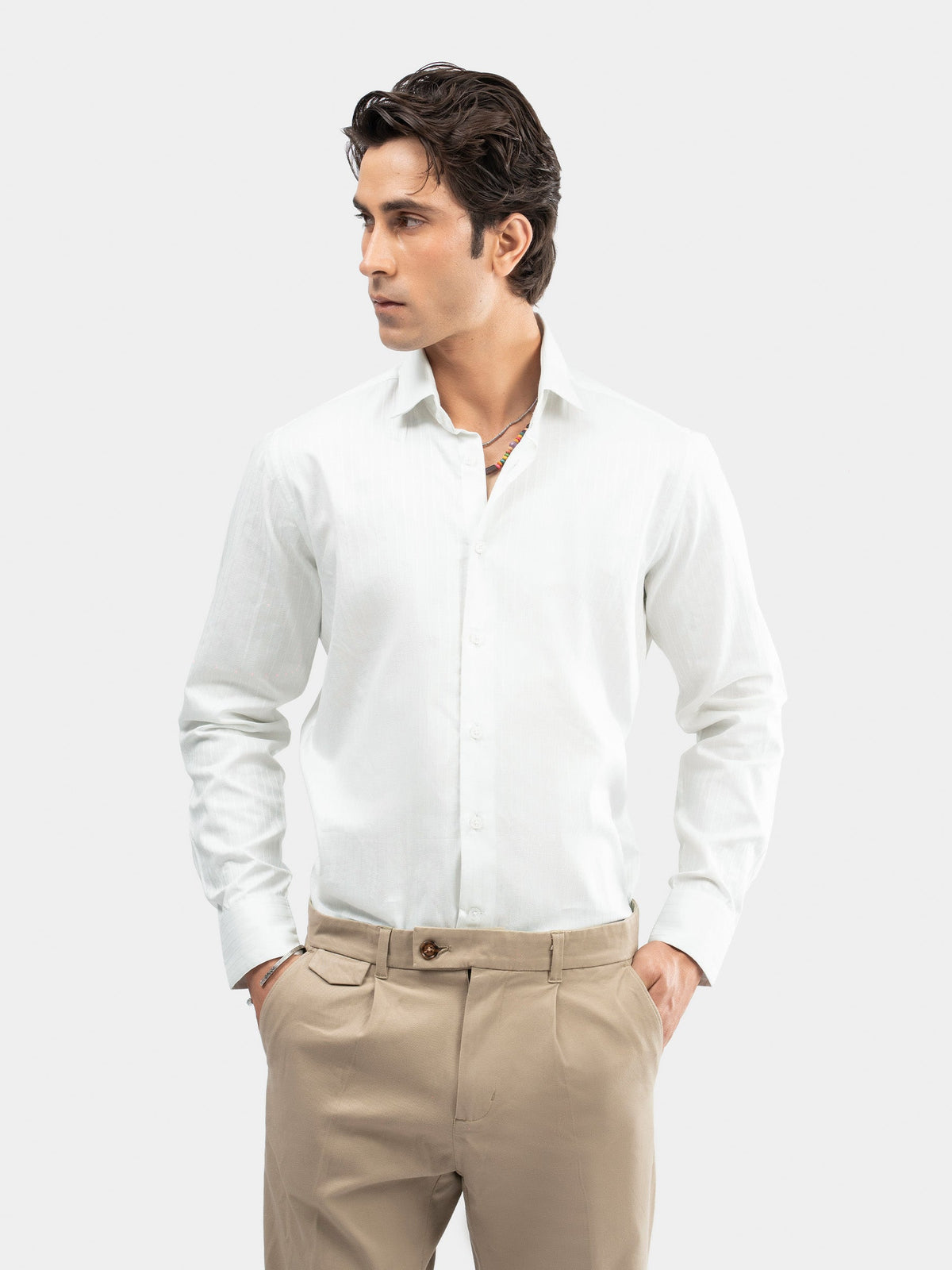 White Structured Striped Formal Shirt