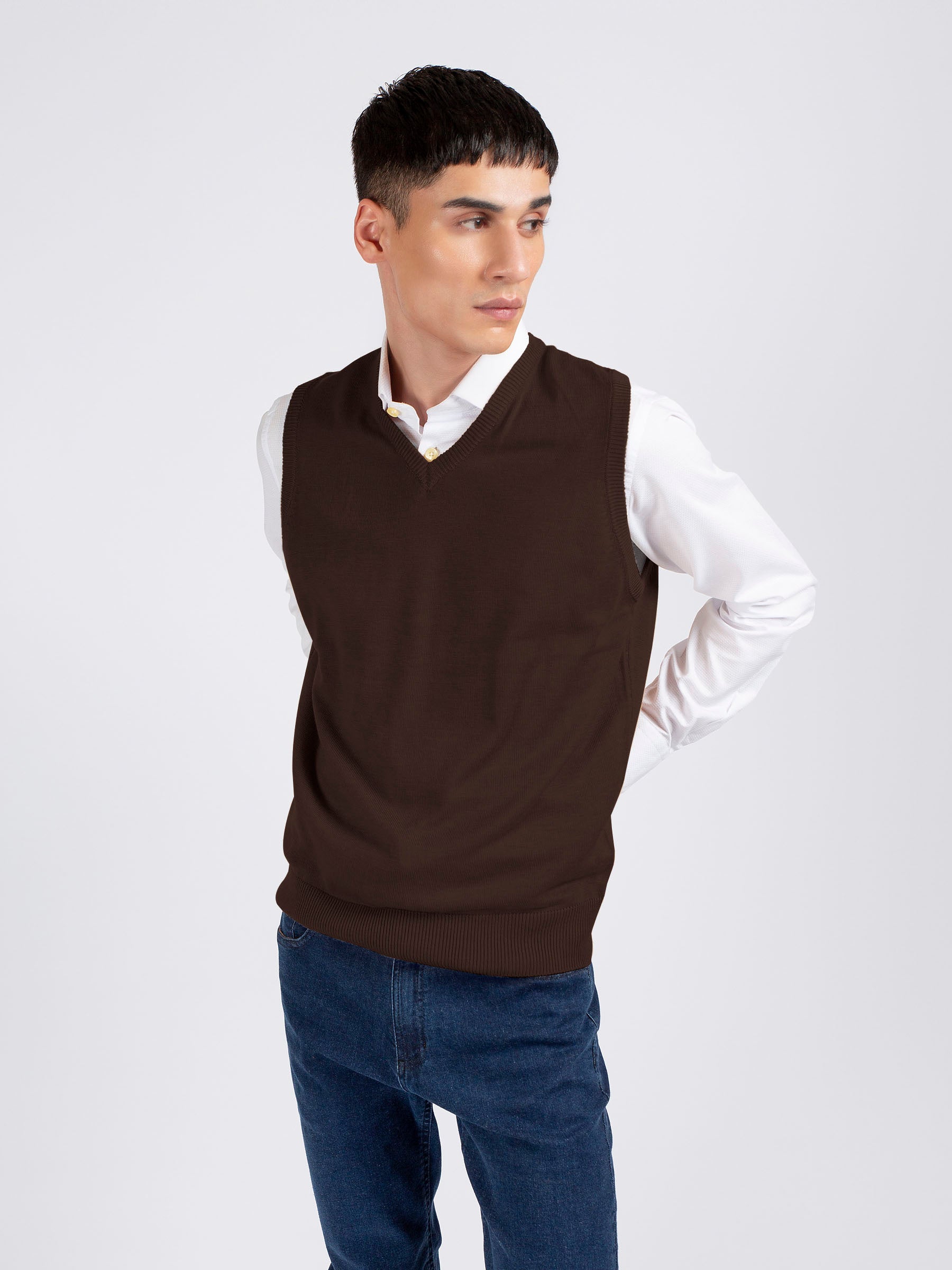 Dark Brown Wool Blended Sleeveless Sweater