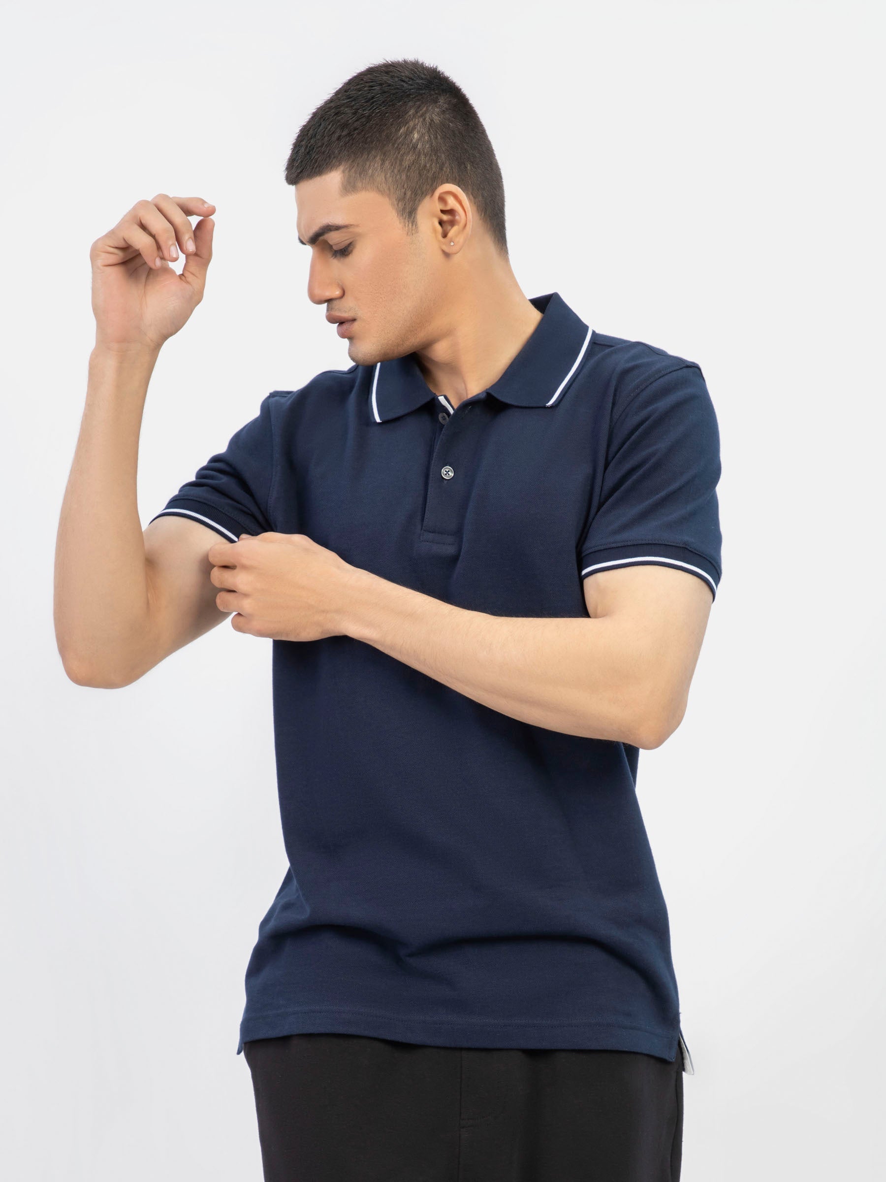 Navy Blue Pique Polo With White Tipped Collar