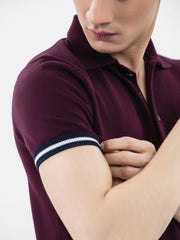 Burgundy Flat Knit Polo With Contrasting Rib