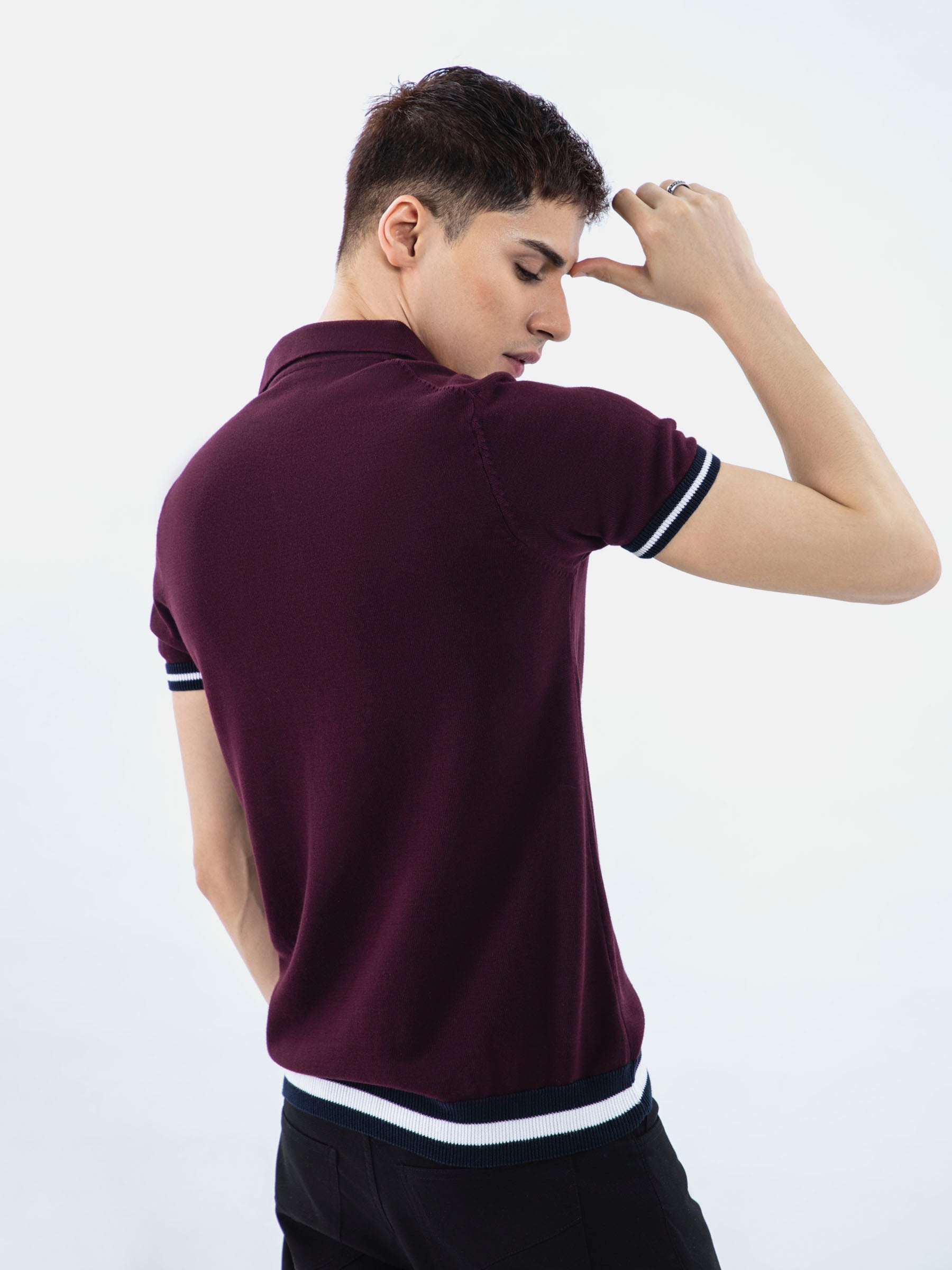 Burgundy Flat Knit Polo With Contrasting Rib