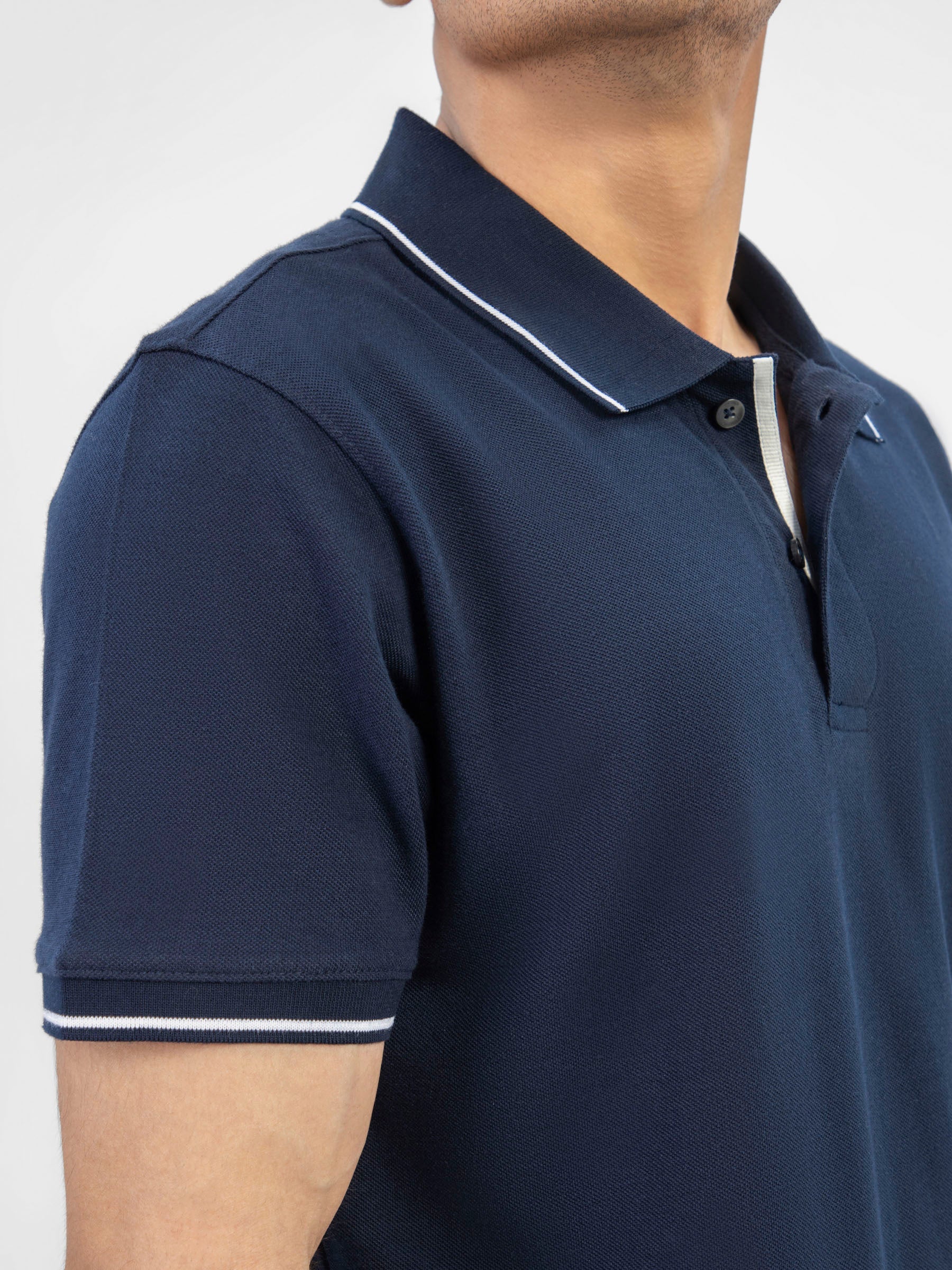 Navy Blue Pique Polo With White Tipped Collar