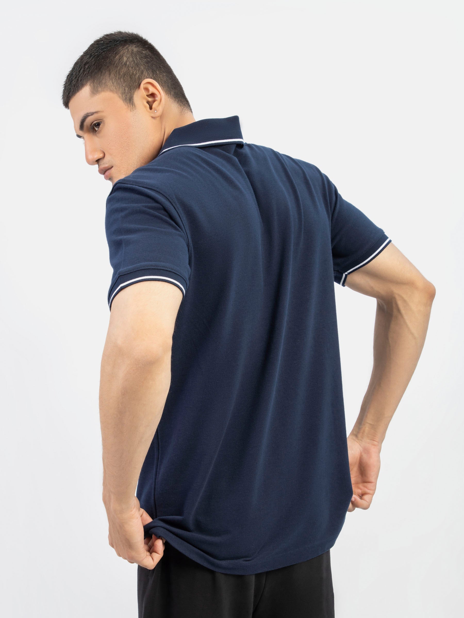 Navy Blue Pique Polo With White Tipped Collar