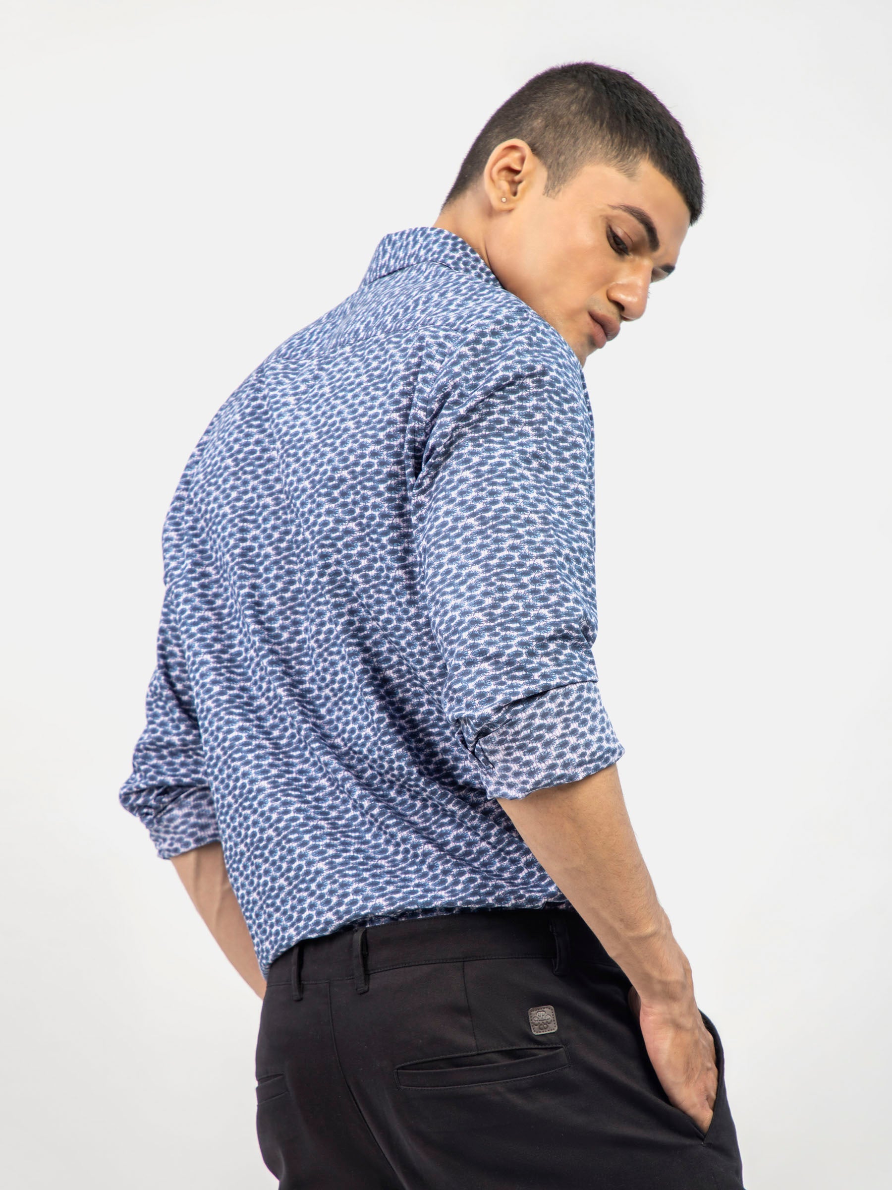 Navy Blue Abstract Printed Shirt With Classic Collar