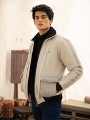 Grey Sherpa Collar Aviator Jacket With Cashmere Pockets
