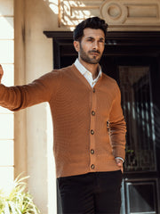 Camel Brown Ribbed V-Neck Cardigan