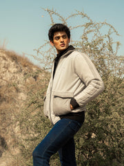 Grey Sherpa Collar Aviator Jacket With Cashmere Pockets