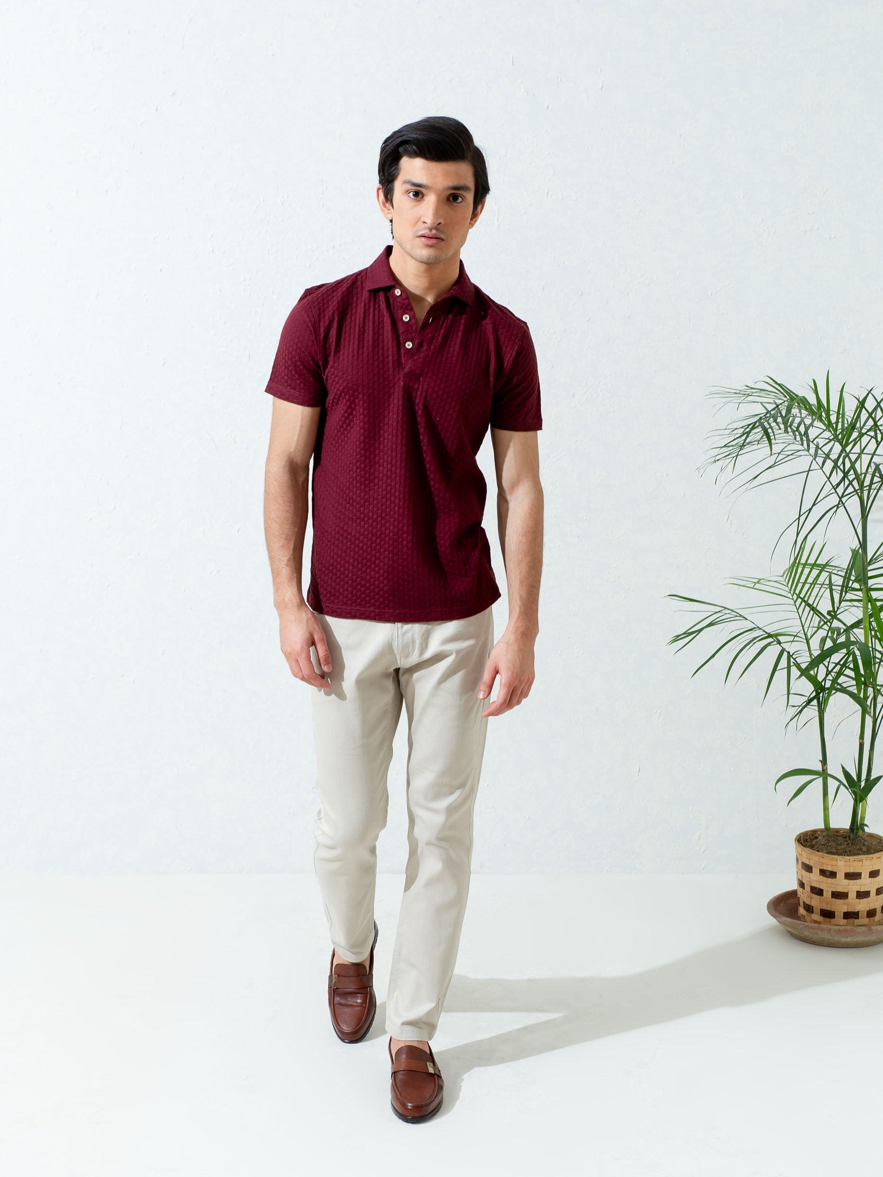 Maroon Textured Polo With Classic Collar