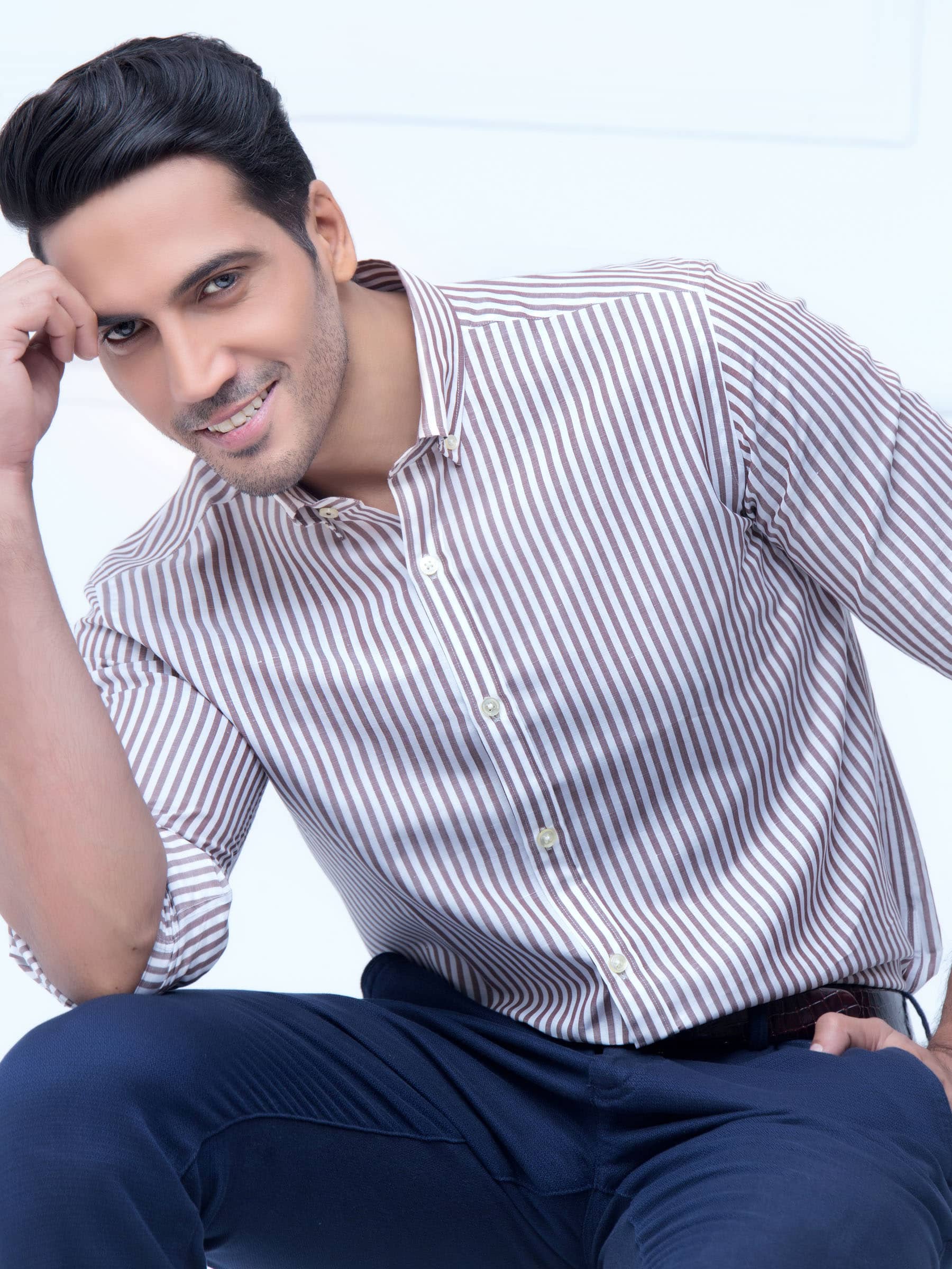 Brown Linen Bold Striped Shirt