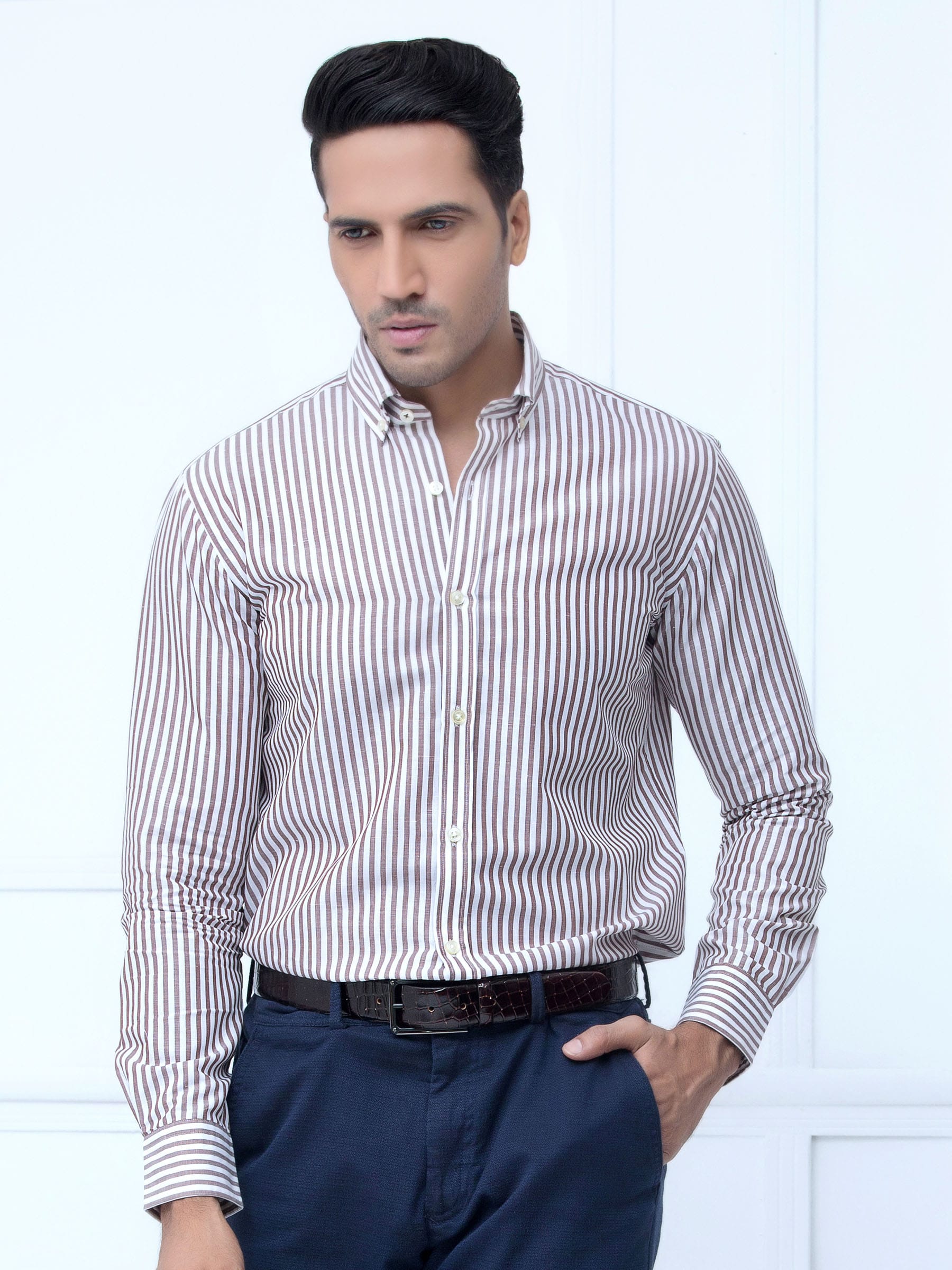 Brown Linen Bold Striped Shirt