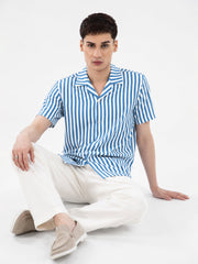 Dark Blue & White Cuban Collar Shirt