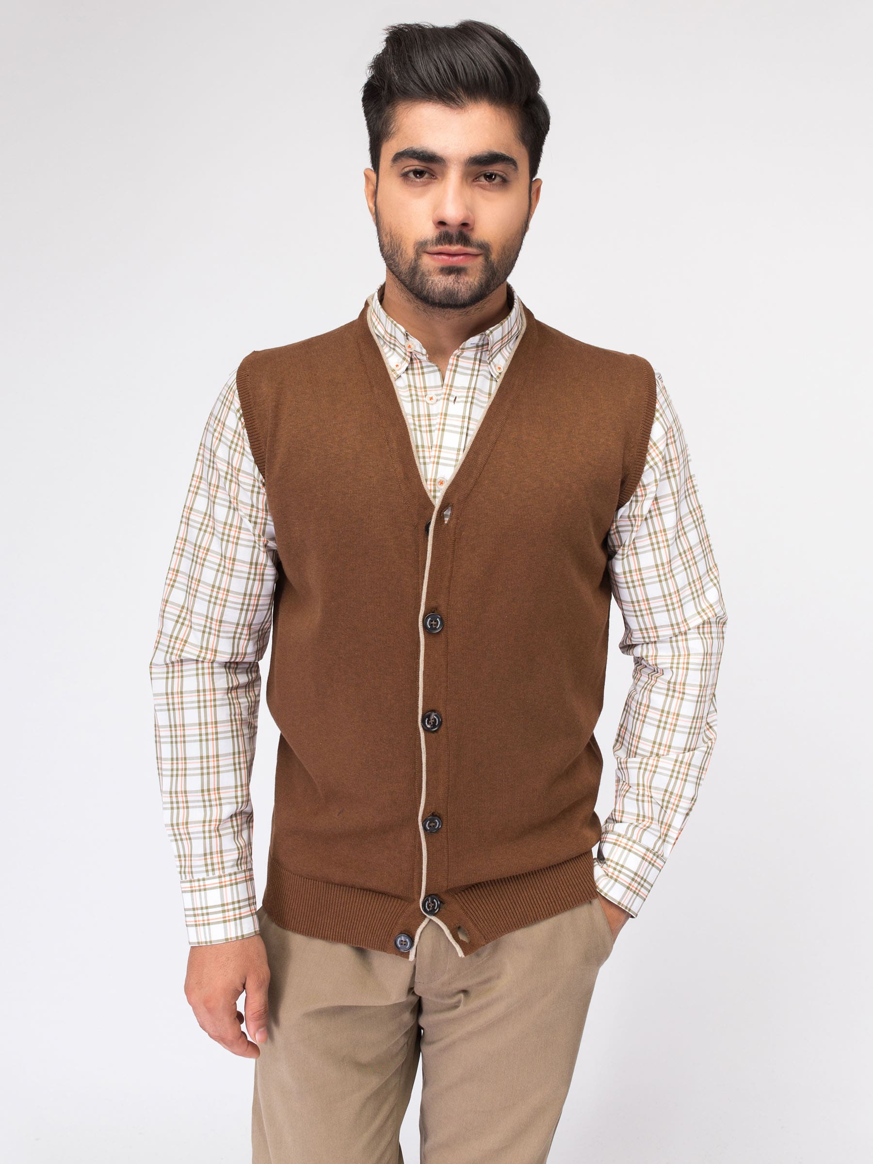 Brown Sleeveless Cardigan With Detailing