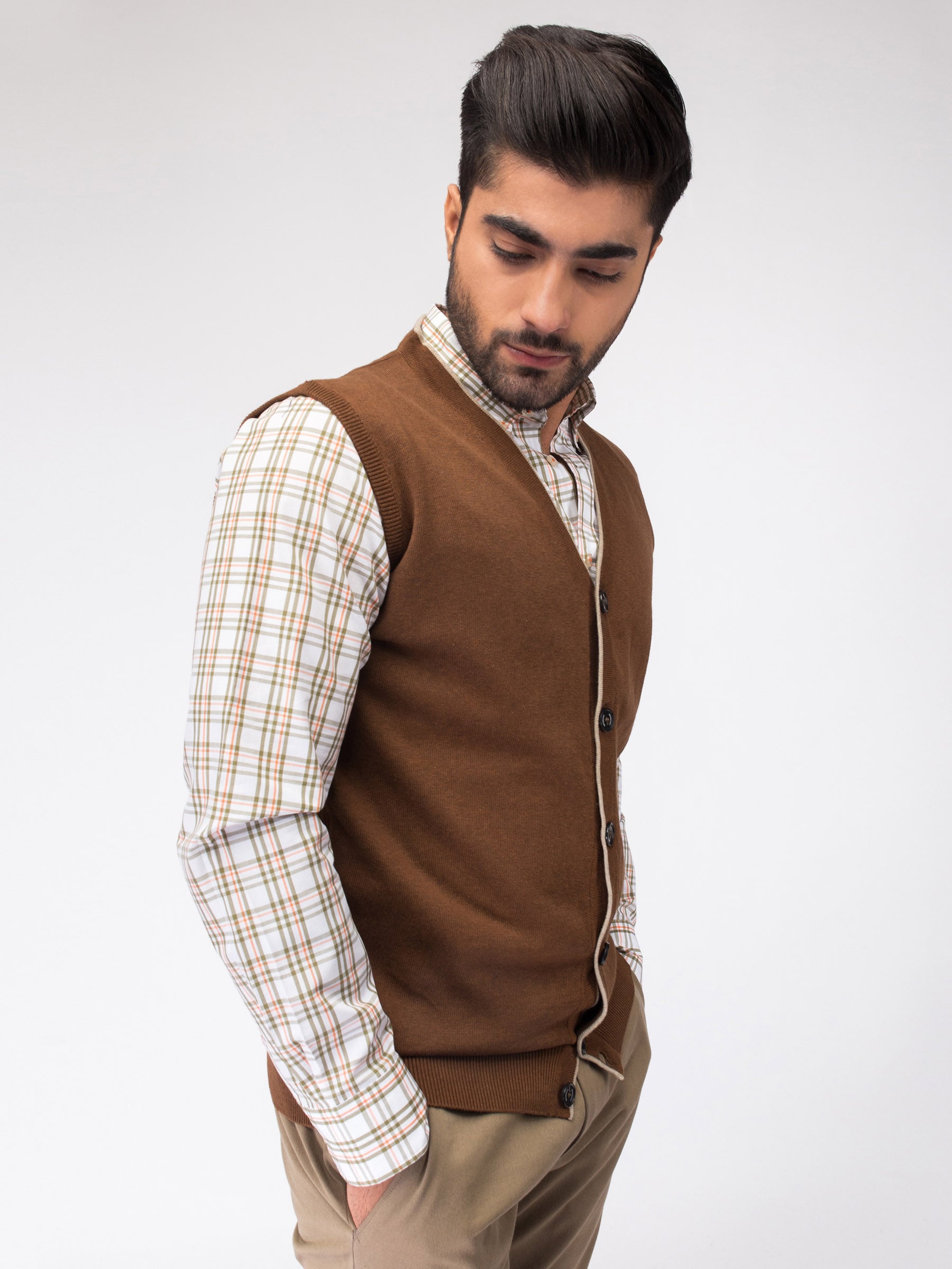Brown Sleeveless Cardigan With Detailing