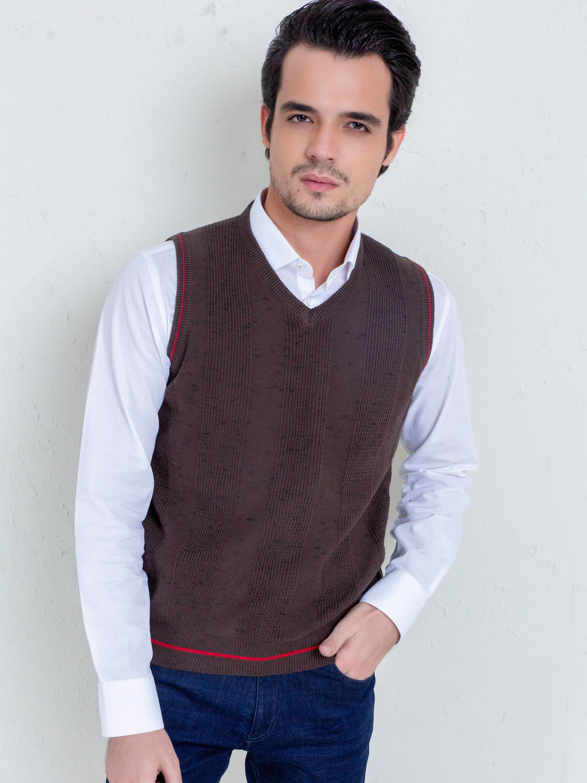 Brown Textured Sleeveless Sweater