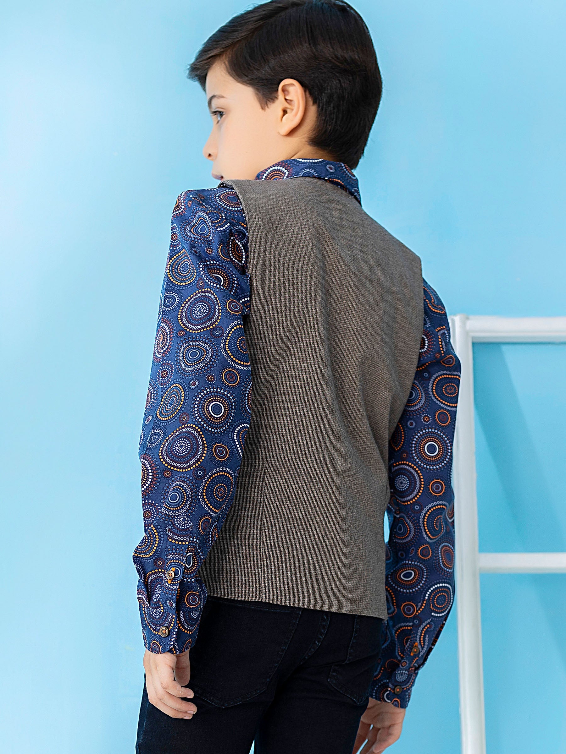 Brown Textured Suit Vest With Bow