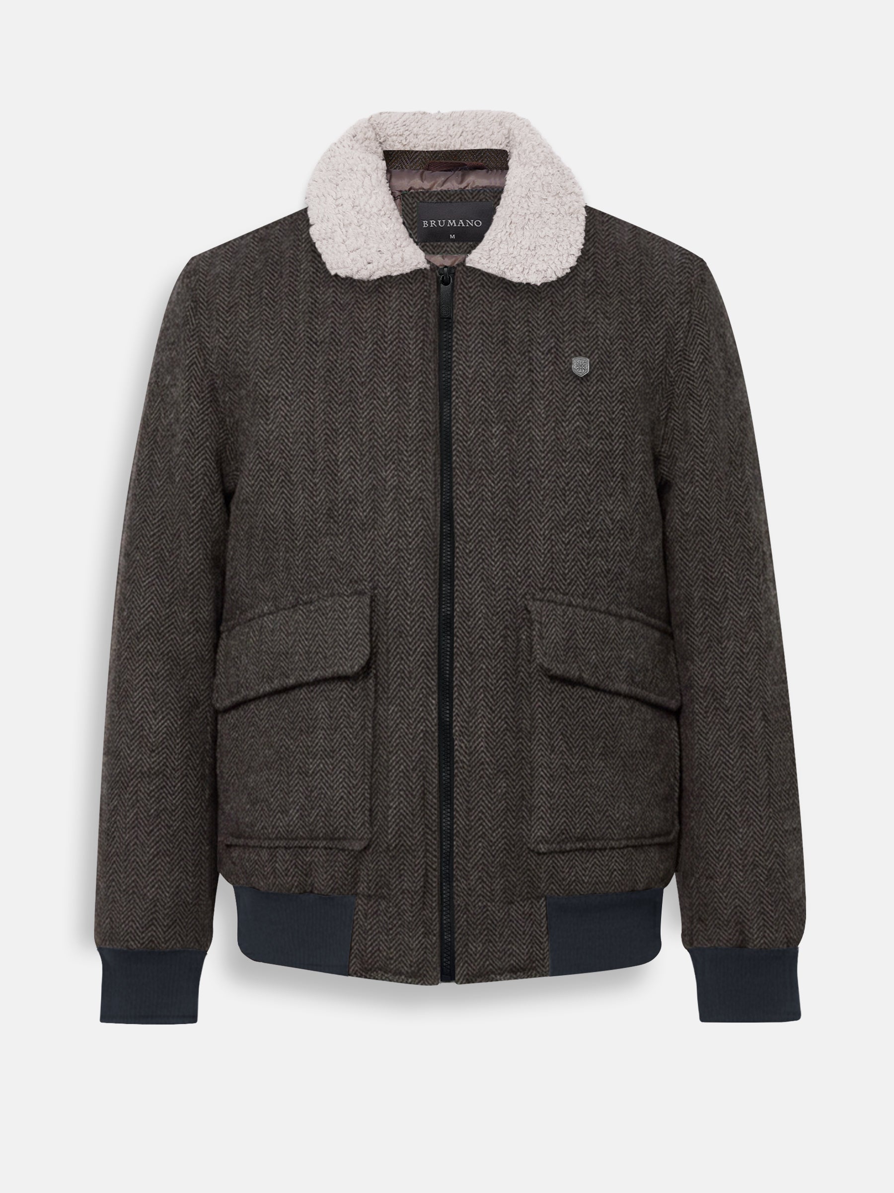 Brown Wool Blended Aviator Jacket With Beige Sherpa Collar