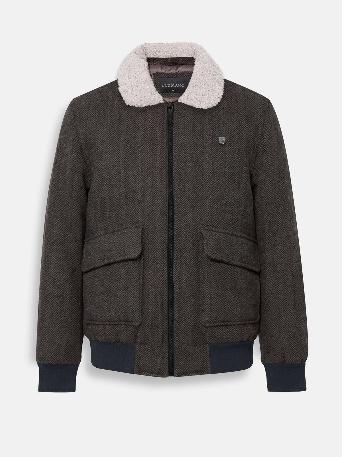 Brown Wool Blended Aviator Jacket With Beige Sherpa Collar